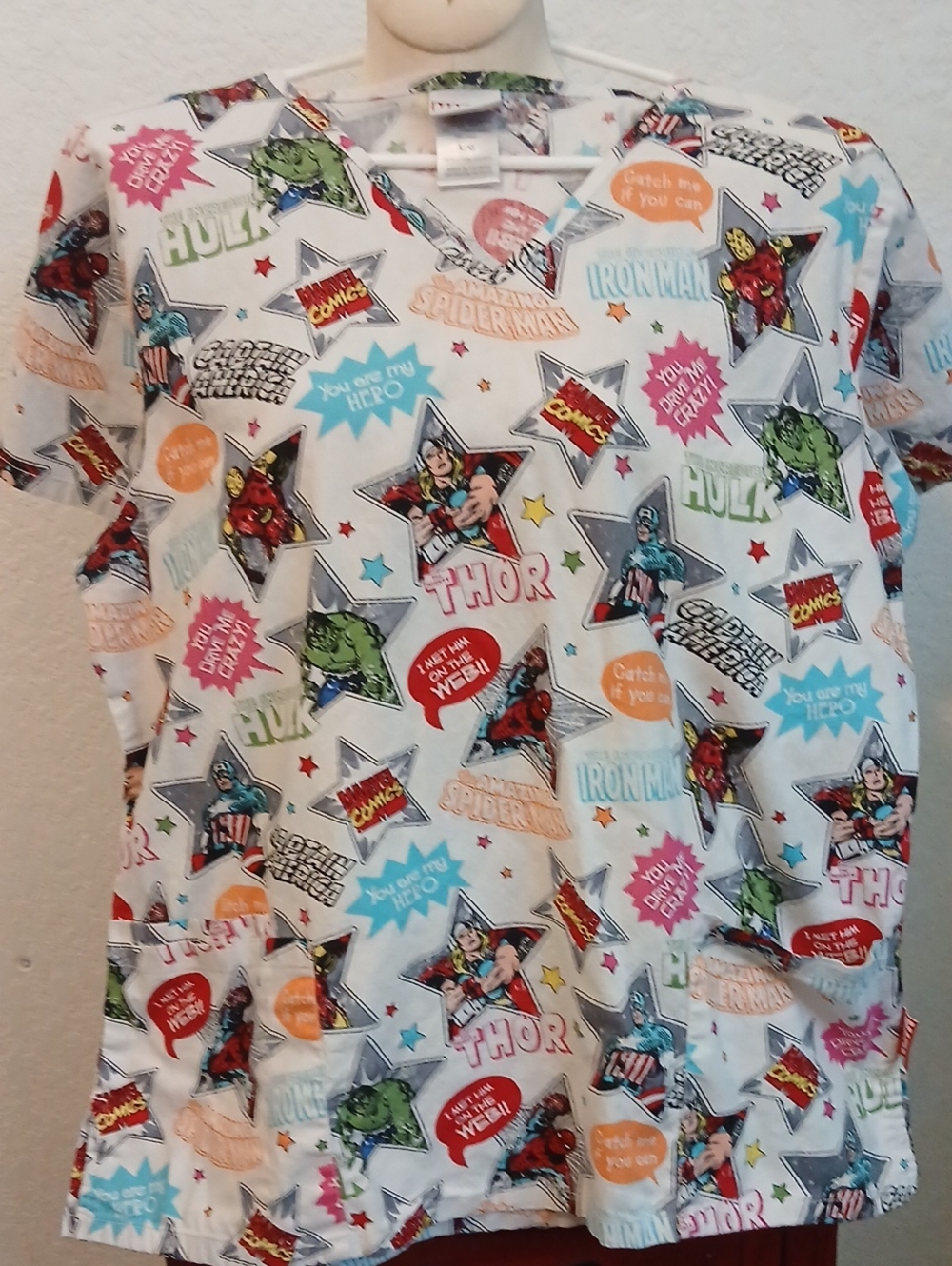 Marvel Multicolor Superhero V-Neck Scrub Top